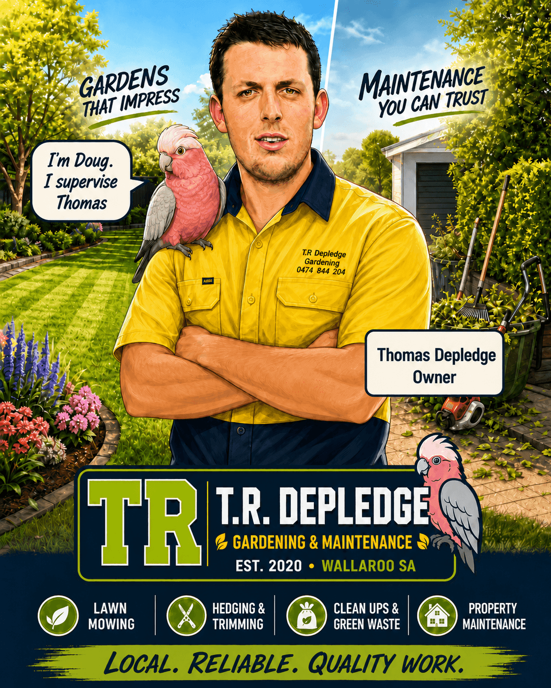 T.R. Depledge Gardening & Maintenance — Thomas with Doug the galah, gardens that impress, maintenance you can trust