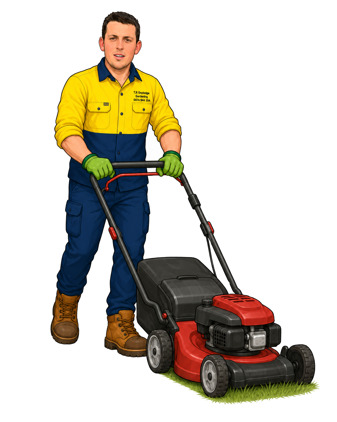 Thomas pushing a mower