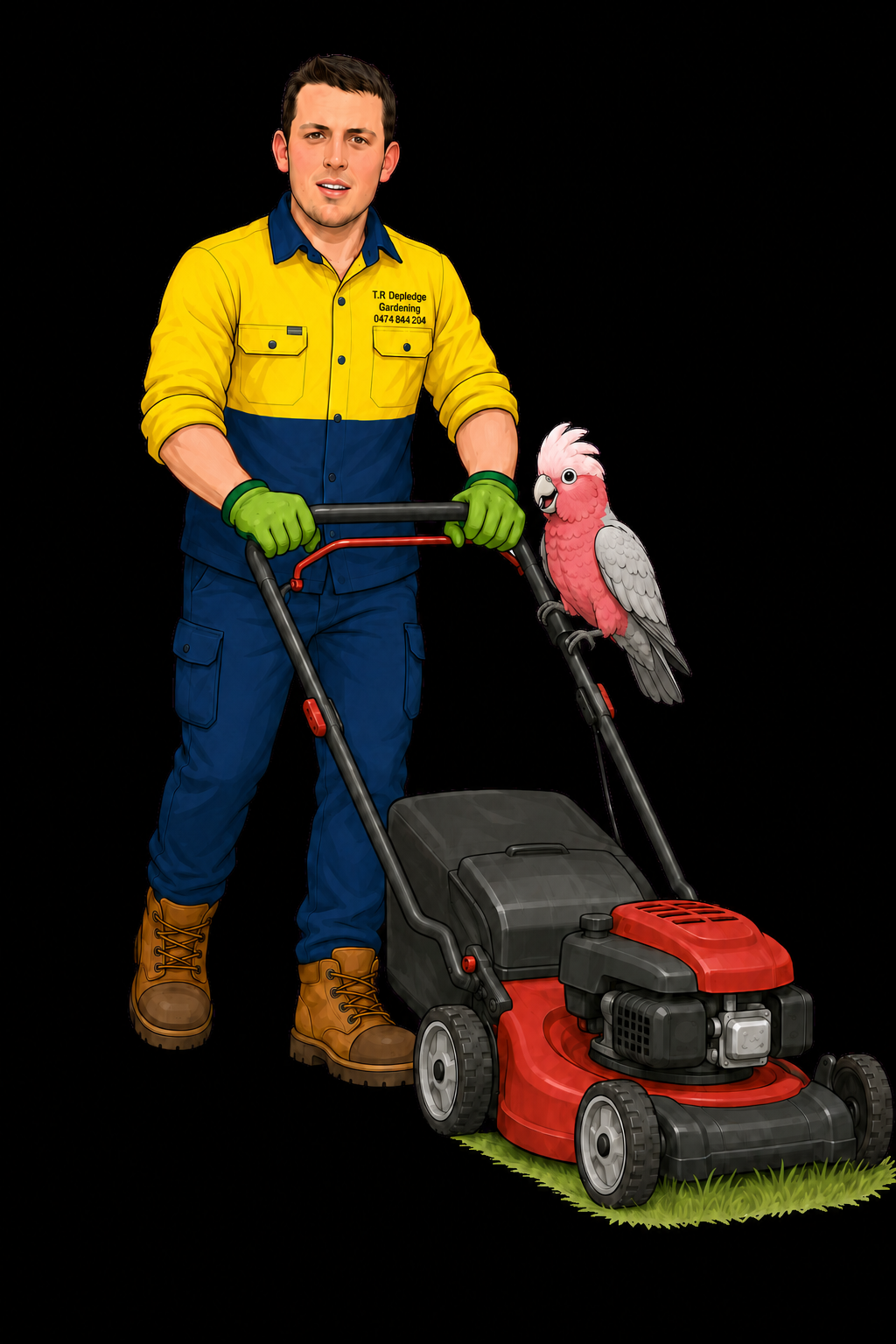 Thomas pushing a mower with Doug the galah