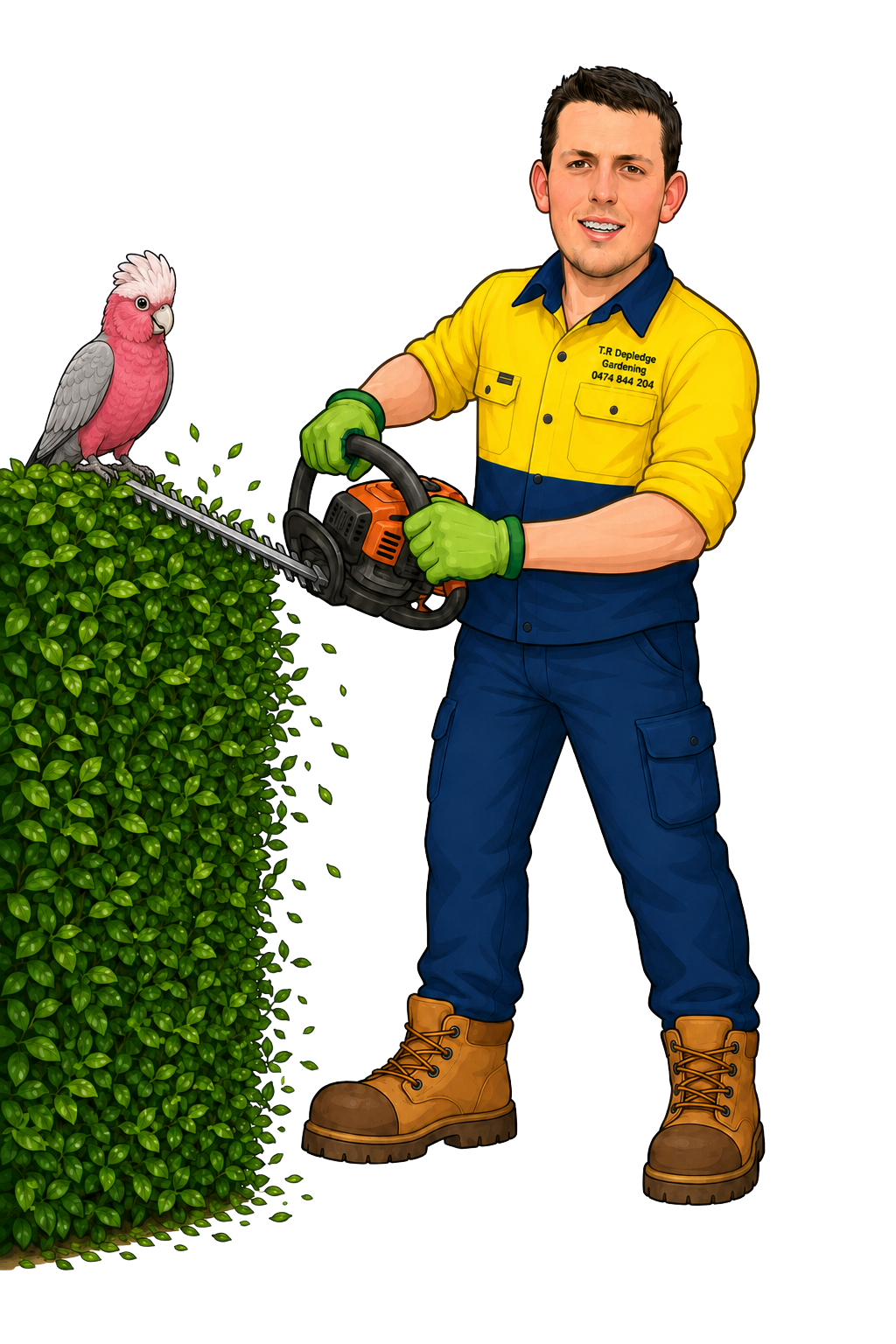 Thomas trimming a hedge while Doug watches