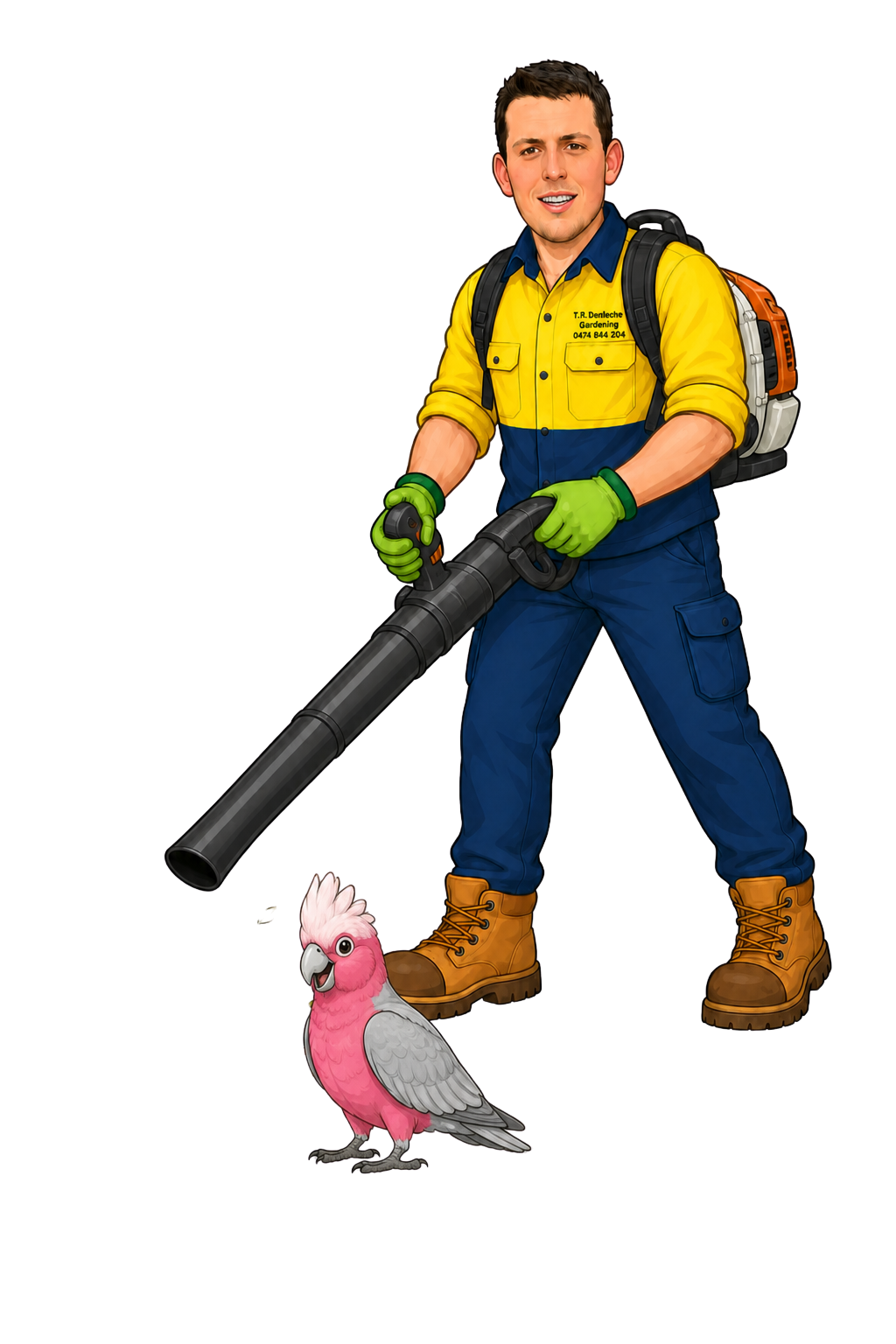 Thomas using a leaf blower with Doug nearby